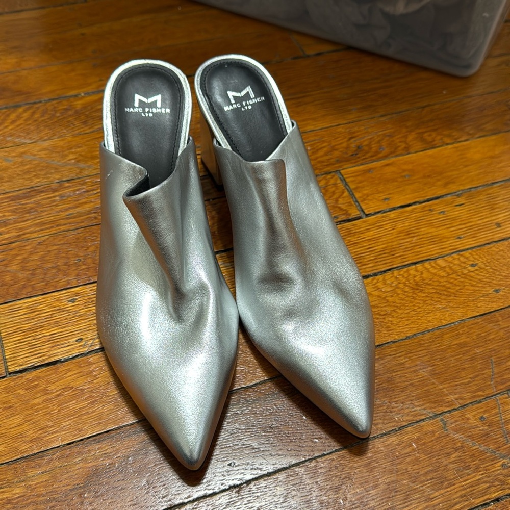 Marc Fisher Silver Metallic Pointed Toe Block Heel Mules